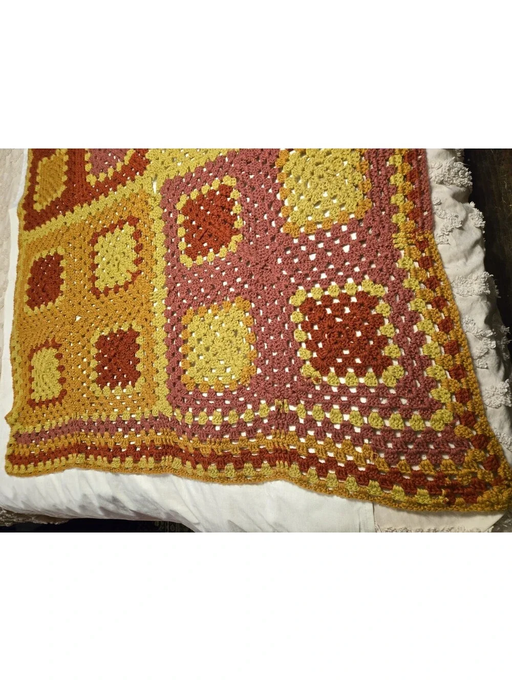 Vtg Handmade Crochet Granny Square Afghan Blanket Mustard Orange Burgundy  Read